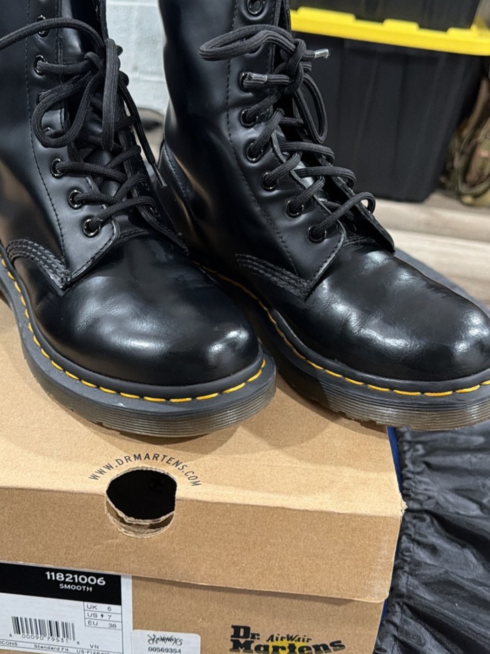 Dr. Martens Black Leather Lace-Up Boots with Yellow Stitching